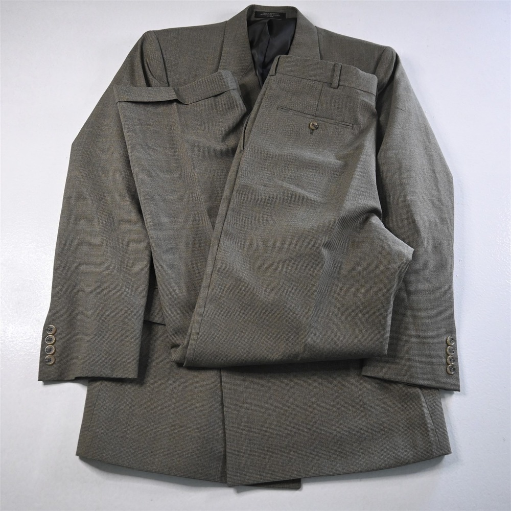 Vtg Mens Double Breasted 40L 32x34 Brown Check Wool Mens‎ Jacket Pants Suit